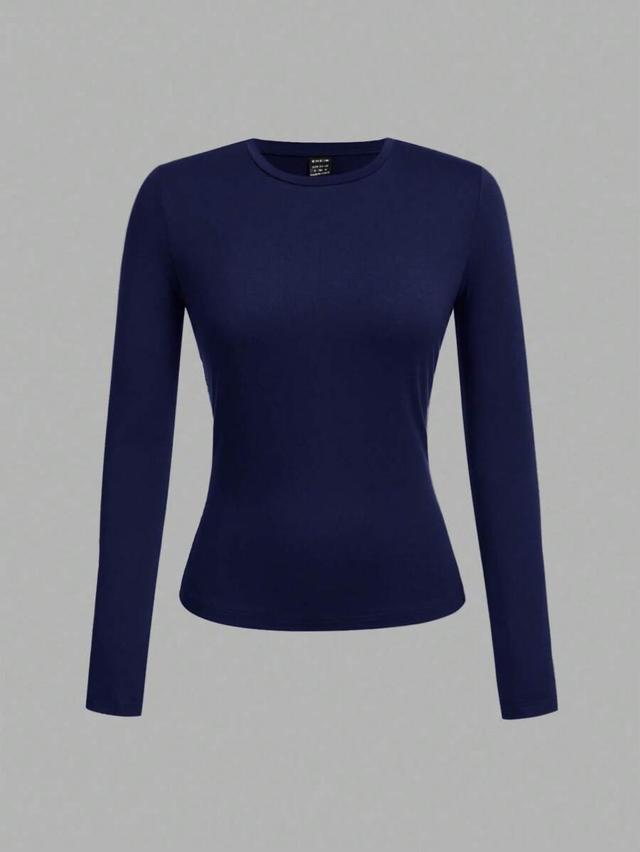 navy crew neck casual fitted long sleeve t-shirt