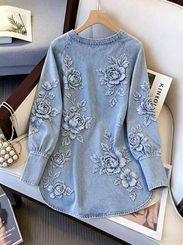 resyla women's floral print denim effect round neck top