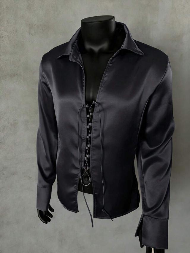 dark grey satin tie-up front long sleeve shirt