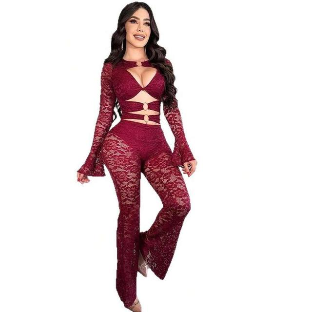 burgundy lace long-sleeve top and flared pants set
