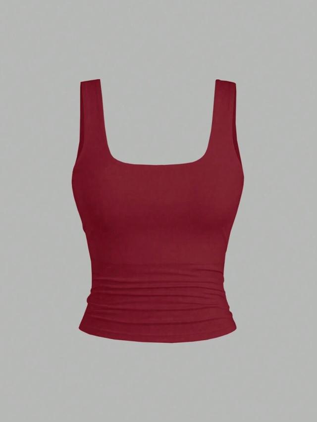 burgundy square neck ruffle trim fitted tank top
