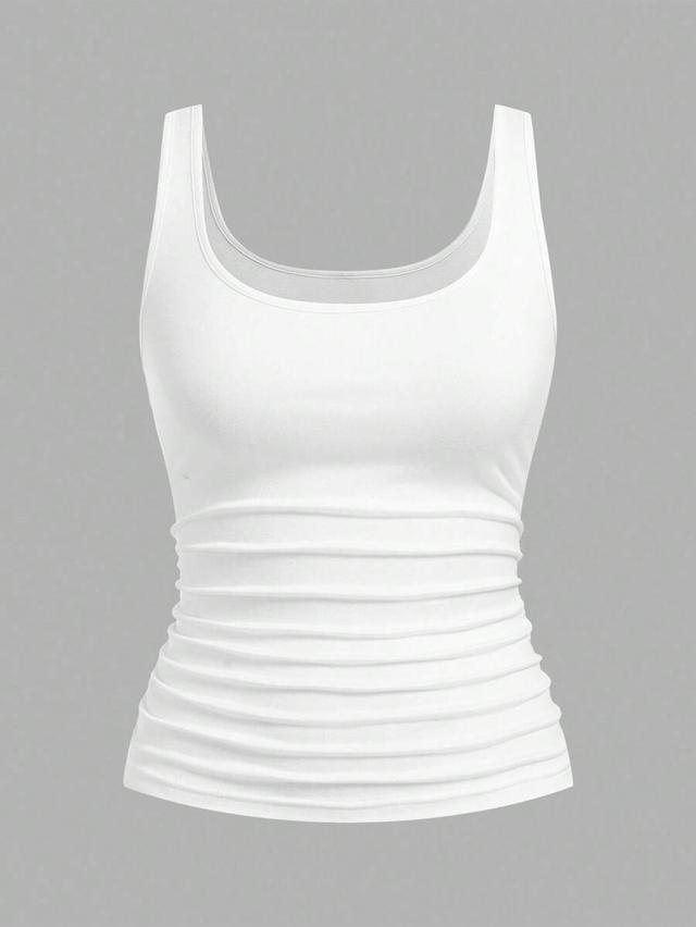 white casual scoop neck ruched waist fitted tank top