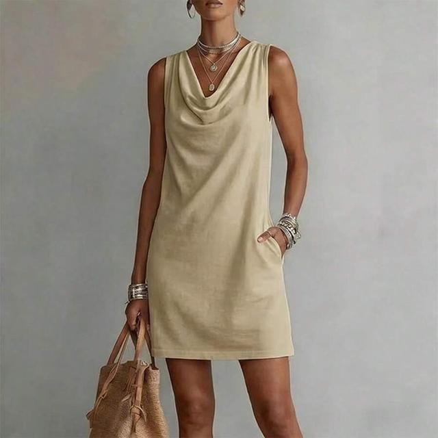 beige cowl neck sleeveless shift dress