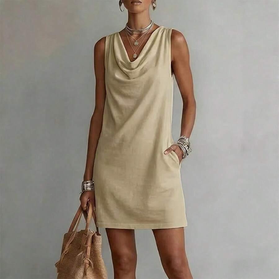 beige cowl neck sleeveless shift dress
