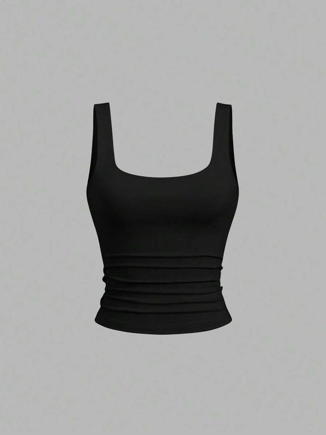 black casual pleated scoop neck tank top
