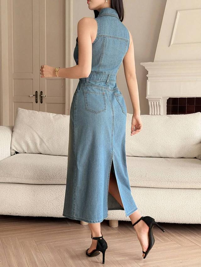 washed denim sleeveless midi dress with pockets