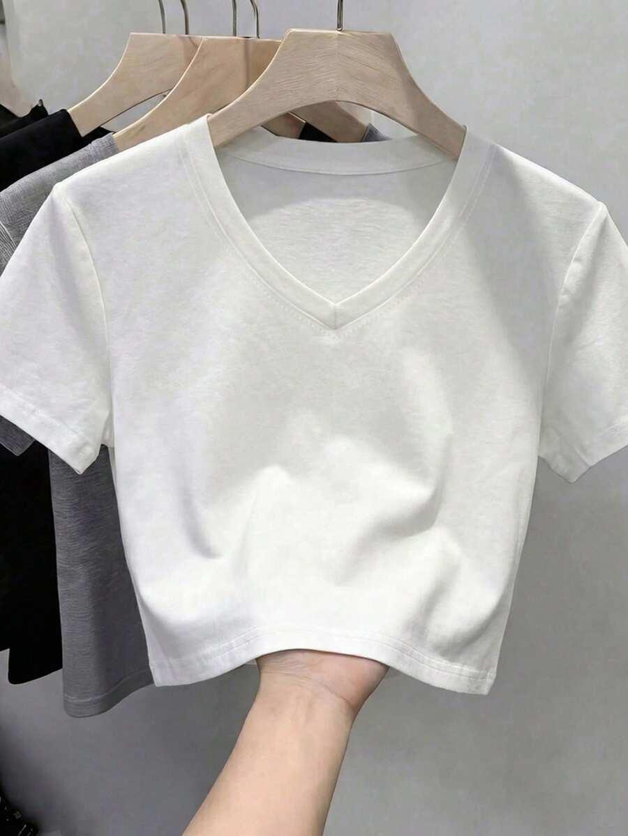 black v-neck short sleeve casual cotton t-shirt