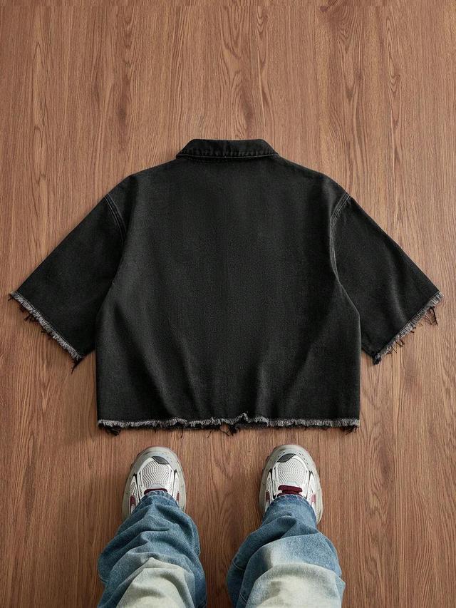 washed black denim zipper jacket with frayed details
