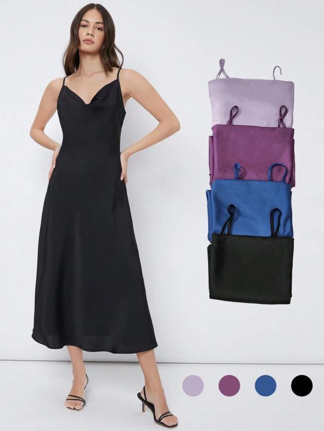 blue draped neck satin midi dress
