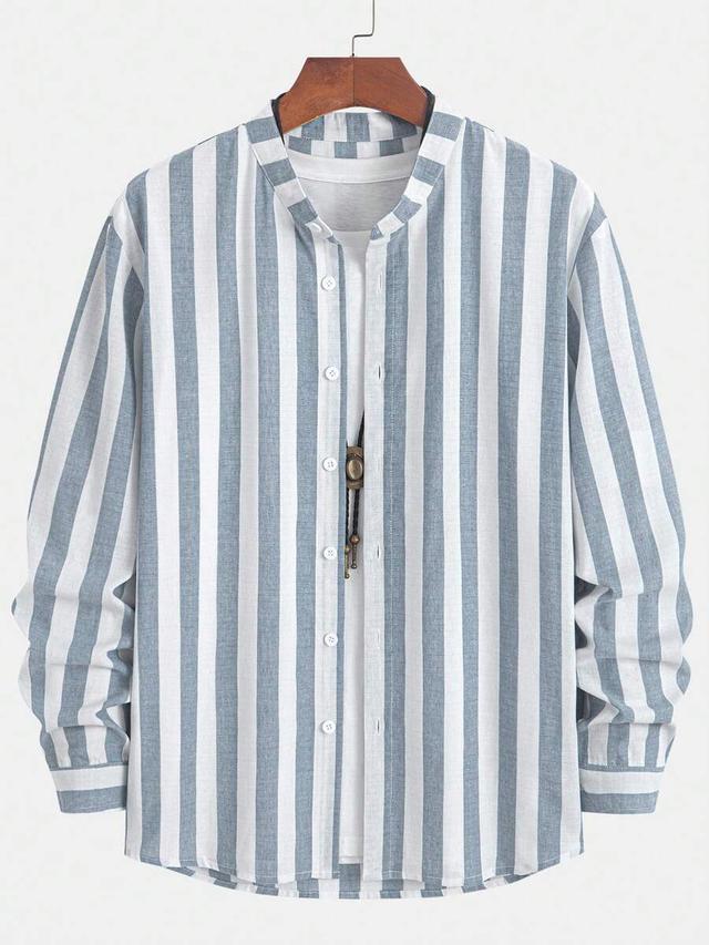 striped long sleeve stand collar casual shirt
