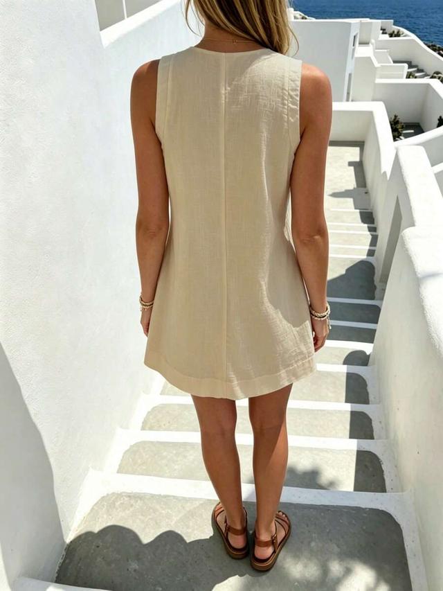 minimalist beige linen sleeveless v-neck a-line dress