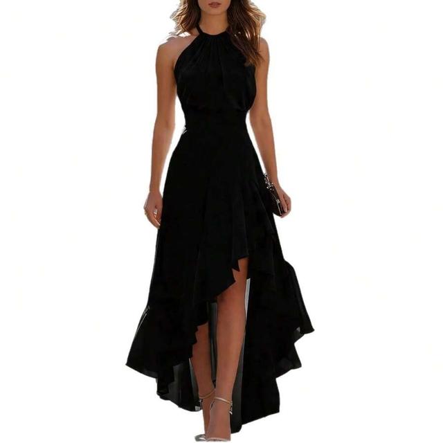 black high-low halter neck ruffled dress
