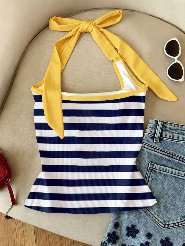 navy stripe resyla women's casual lemon striped print halter top