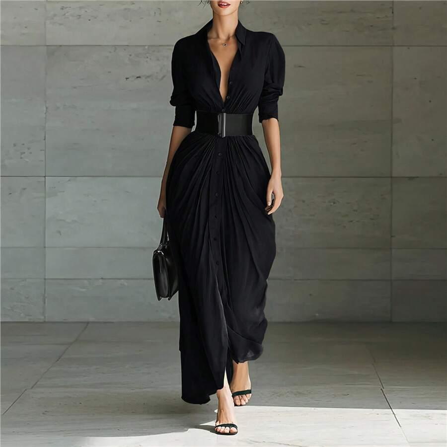 black draped button-down shirt dress