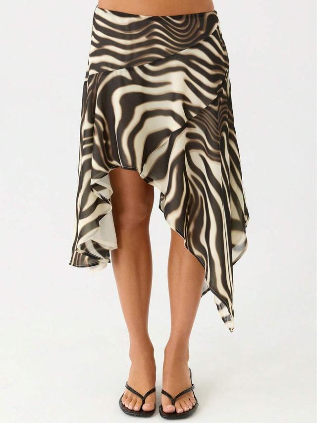 zebra print asymmetrical black chiffon handkerchief hem midi skirt