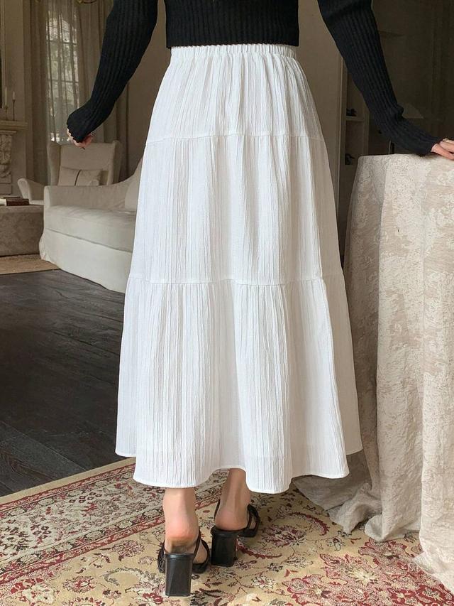 solid elastic waist tiered hem white skirt