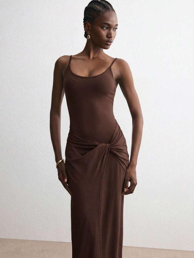 coffee brown knit waist-defining knot asymmetric long dress