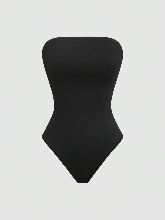 black strapless sleeveless stretch bodysuit set