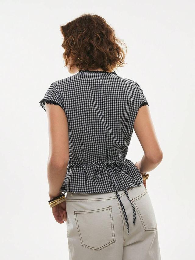 poéselle cotton gingham lace-trim peplum button-down blouse