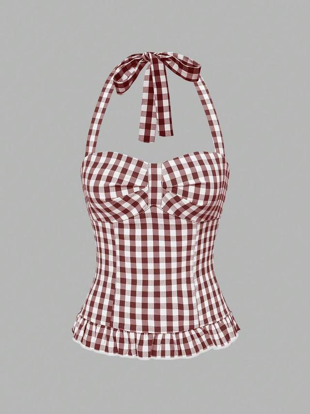 brown gingham polka dot halter neck camisole with smocked back