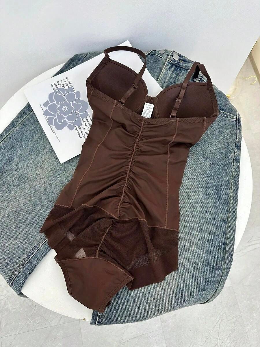 brown women's slimming shaping bodysuit with integrated bra