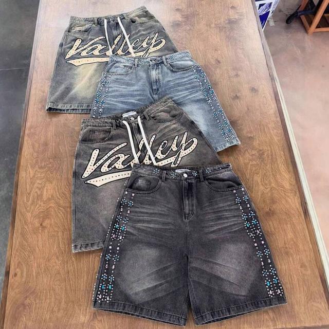 grey vintage street style letter print colorful denim shorts