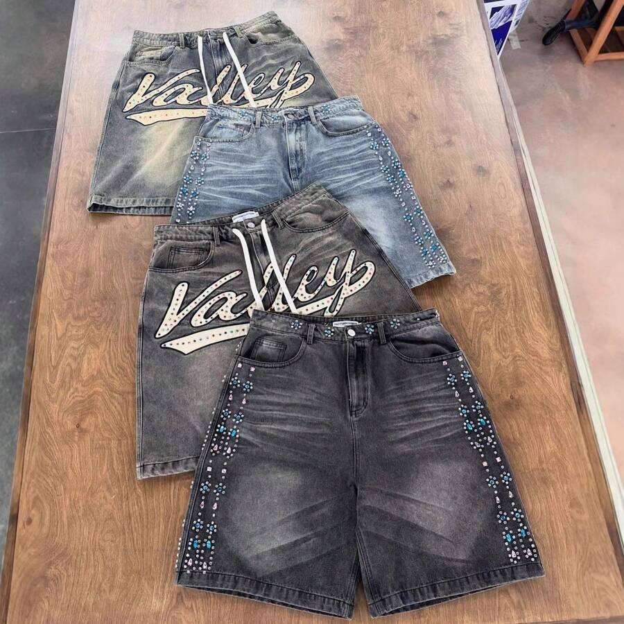 grey vintage street style letter print colorful denim shorts