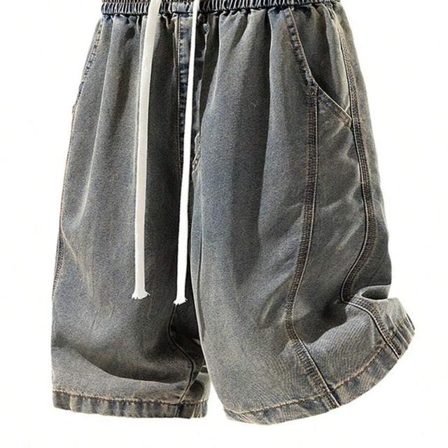 grey mens oversized washed denim shorts with drawstring
