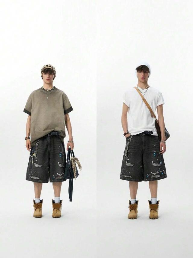 taupe men 2026 high end ripped denim shorts with ink splash