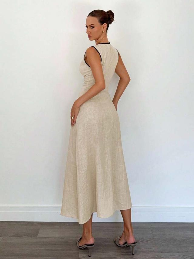 sleeveless beige linen blend dress with black contrast trim