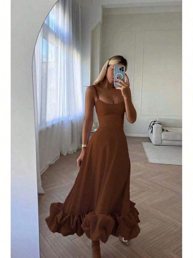 brown spaghetti strap midi dress with ruffled hem