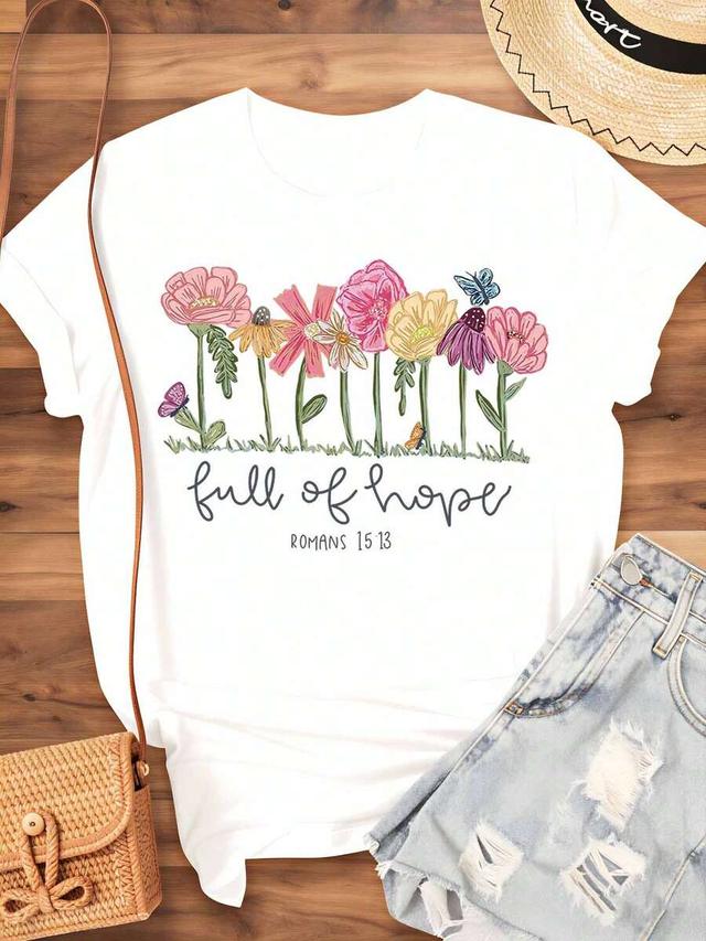white graphic butterfly floral print round neck t-shirt