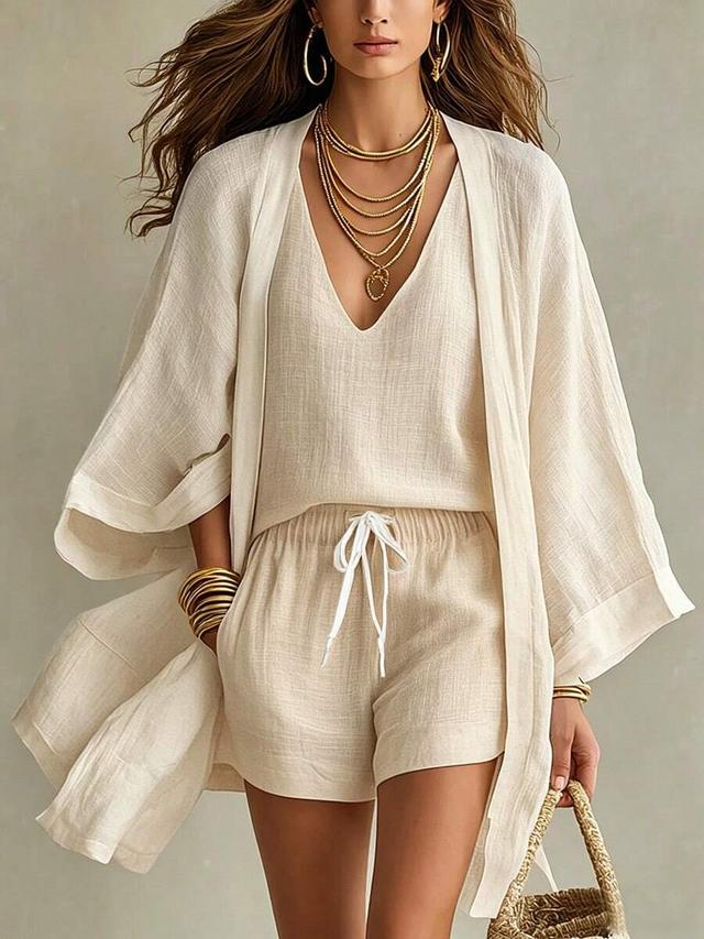 beige textured white three-piece kimono cardigan set