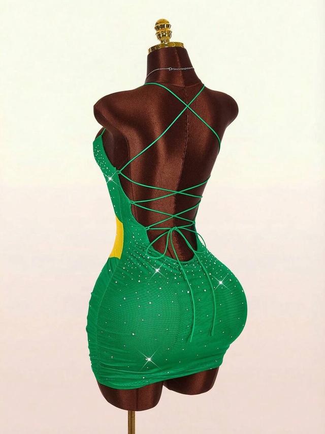 amplova rhinestone brazilian pattern bodycon backless mini dress