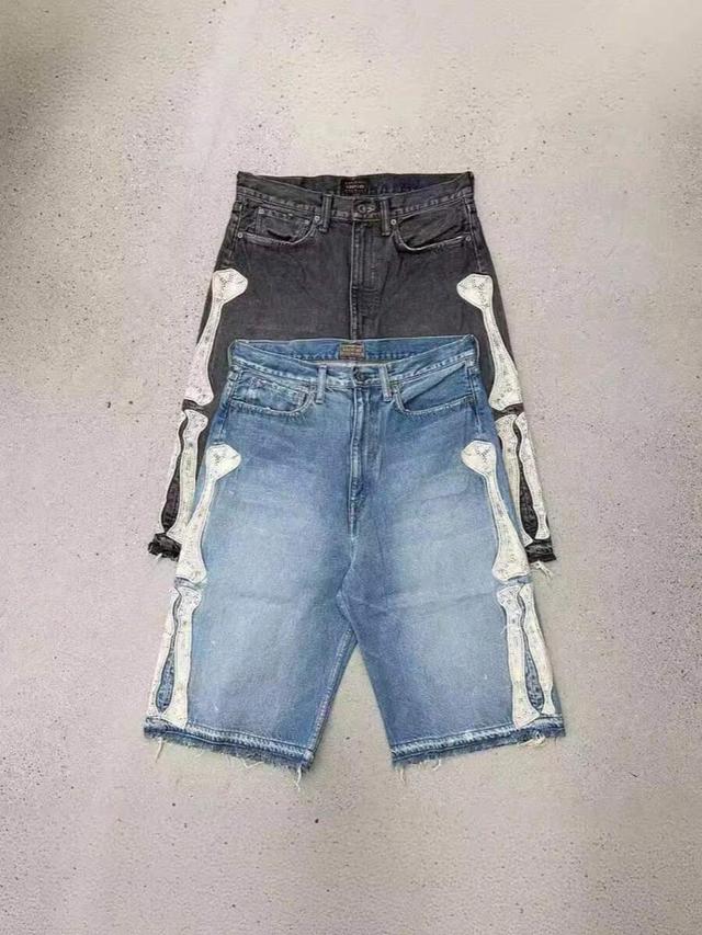 dark grey men's vintage washed skeleton bone embroidered denim shorts