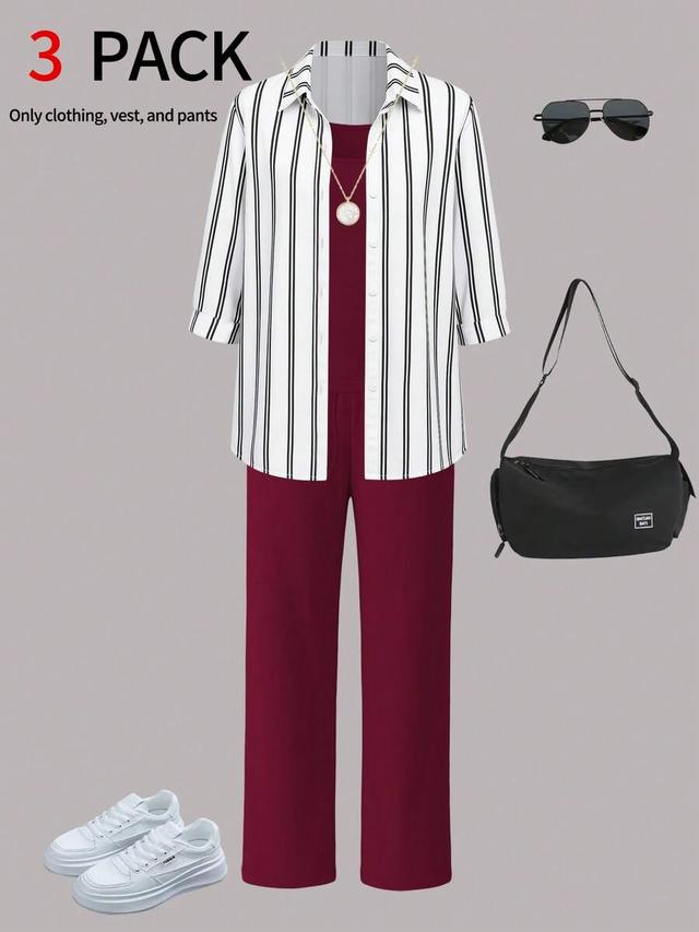 white striped button-down jacket with sleeveless top and trousers