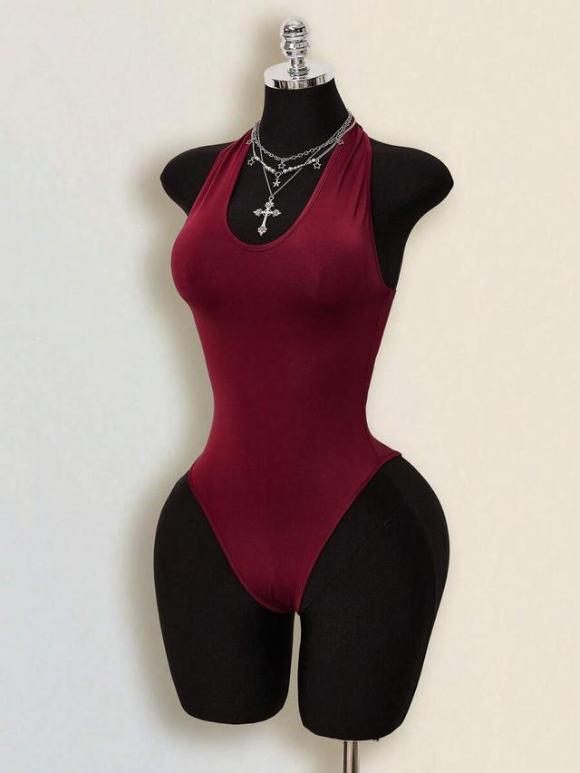 burgundy backless halter bodysuit