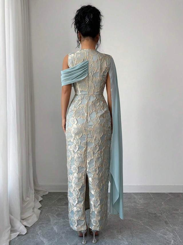 light blue golden jacquard maxi dress with chiffon shawl
