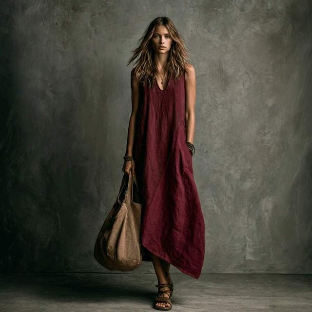burgundy sleeveless asymmetrical vacation casual dress