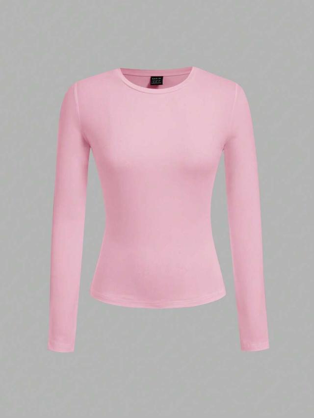 pink casual crew neck long sleeve slim fit t-shirt set