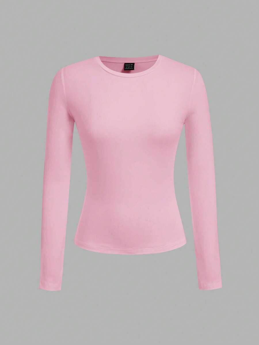 pink casual crew neck long sleeve slim fit t-shirt set