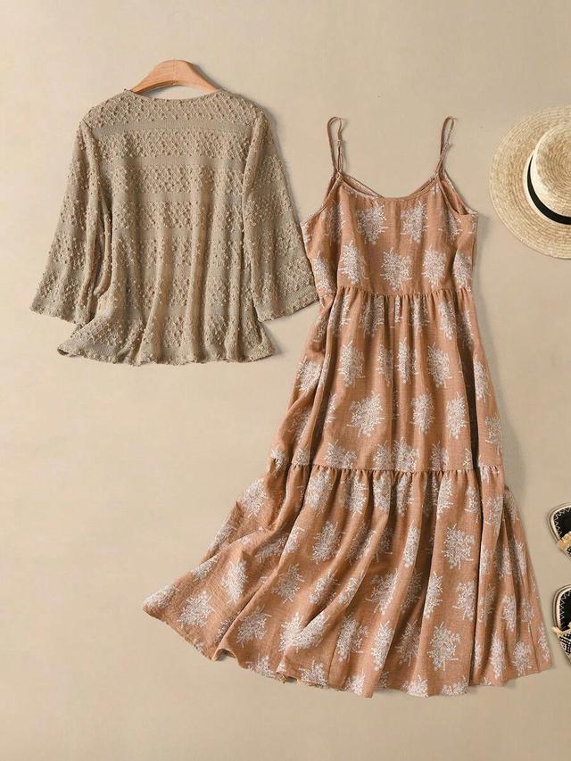 brown boho tropical print spaghetti strap tiered midi dress