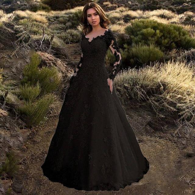 black long sleeve lace applique bridal gown