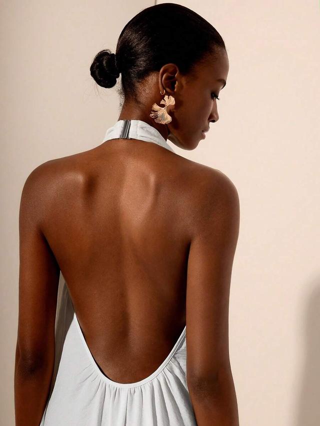 light blue textured deep v-neck backless maxi dress