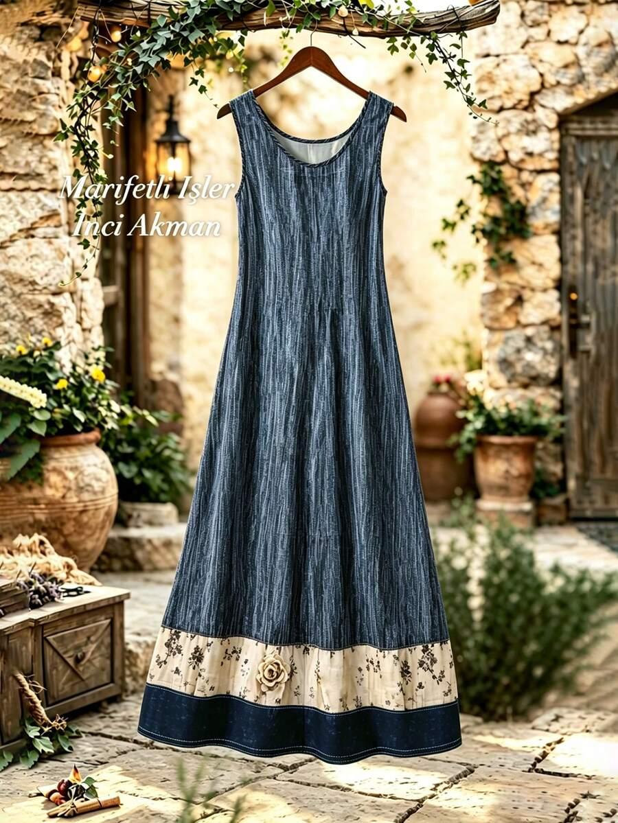 blue striped floral faux denim floral patchwork sleeveless midi dress