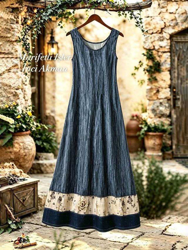 blue striped floral faux denim floral patchwork sleeveless midi dress