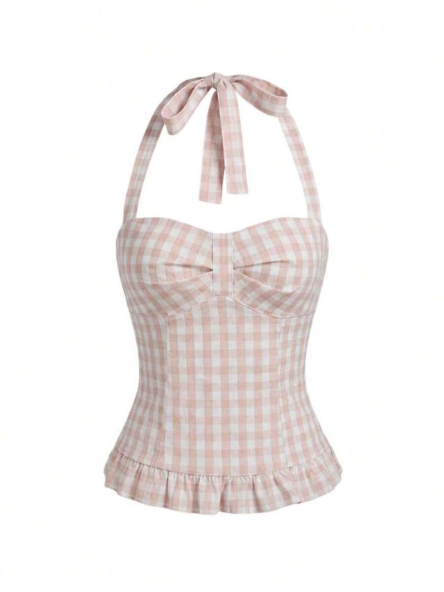 pink gingham polka dot halter neck camisole with smocked bodice