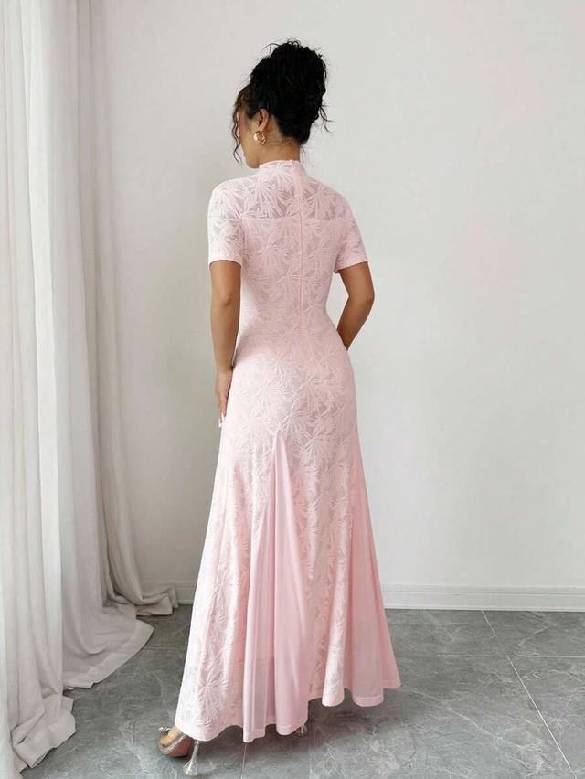 elegant hot pink lace mesh splicing maxi dress