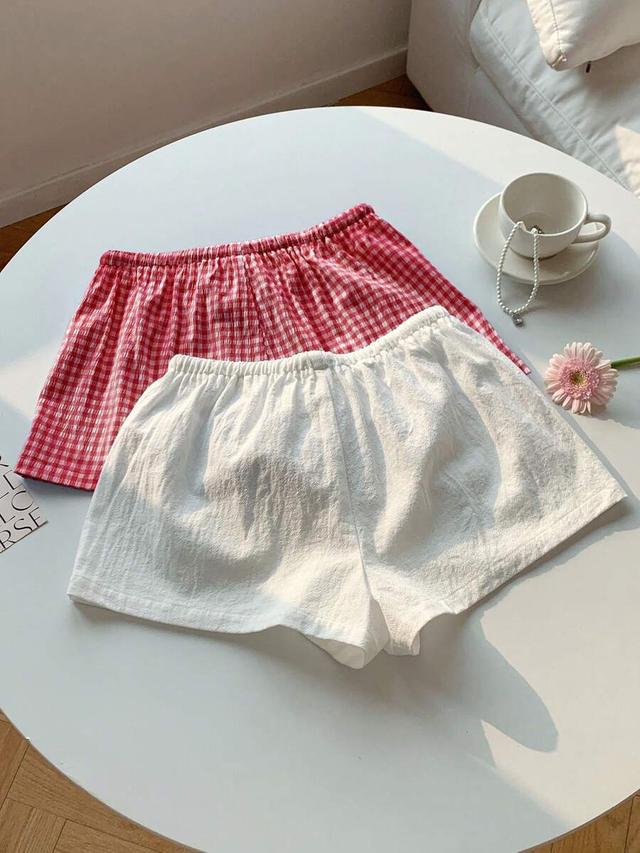 white and white checkered linen drawstring shorts