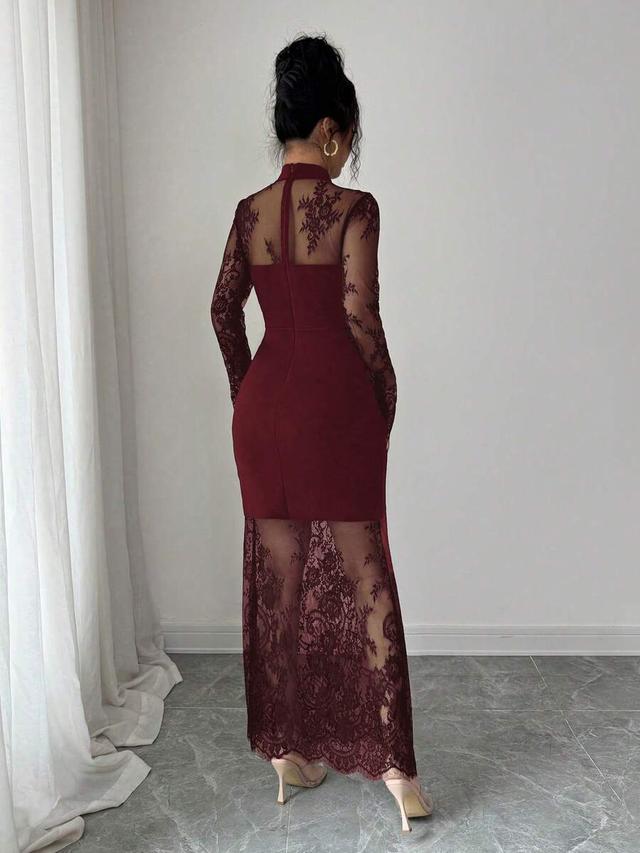 burgundy lace hollow out long sleeve bodycon maxi dress